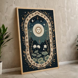 Boho Sun and Moon Art Print: Mystical Lotus Flower Decor (Digital Download)