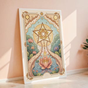 Mystische Stern und Lotus Tarot Kunstdruck | Celestial Boho Digital Download, Vintage-inspirierte spirituelle Wanddekoration für Zuhause und Meditation