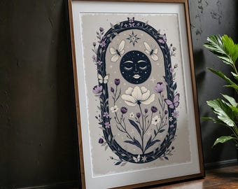 Celestial Moon Butterfly Floral Art Print: Boho Mystical Decor (Digital Download)