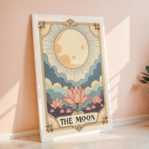 Download digitale di tarocchi vintage della luna / Arte murale boho celeste con loto, stampa lunare ispirata all'astrologia, poster dei tarocchi per l'arredamento della casa