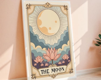 Vintage Moon Tarot Art Digital Download | Celestial Boho Lotus Wall Art, Astrology-Inspired Moon Print, Tarot Poster for Home Decor