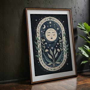 Himmlischer Mond und Sterne Kunstdruck | Digitaler Download Poster | Mystische Pflanzen Kunst | Verträumter Nachthimmel Dekor | Astrologie-bezogener Druck