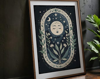 Celestial Moon and Stars Art Print | Digital Download Poster | Mystical Botanical Wall Art | Dreamy Night Sky Decor | Astrology-Themed Print