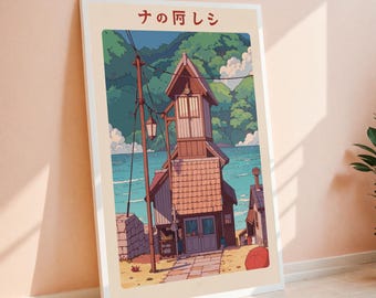 Japanische Küsten Cottage Kunstdruck: Lofi Anime Meer Szene (Digital Download)