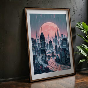 Cyberpunk City Moonrise Art Print | Futuristic Neon Skyline Decor, Digital Download