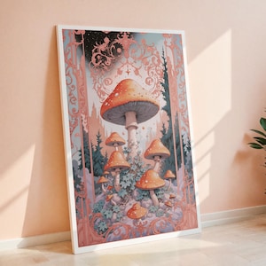 Fantasy Mushroom Art Print | Whimsical Cottagecore Wall Art for Home Decor, Art Nouveau Inspired Mushrooms Poster, Digital Download