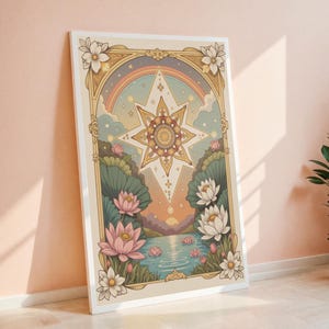 Celestial Star Tarotkaart Art Print | Vintage lotus- en regenboogmuurdecor, boho digitale download voor meditatieruimtes en astrologiecadeaus