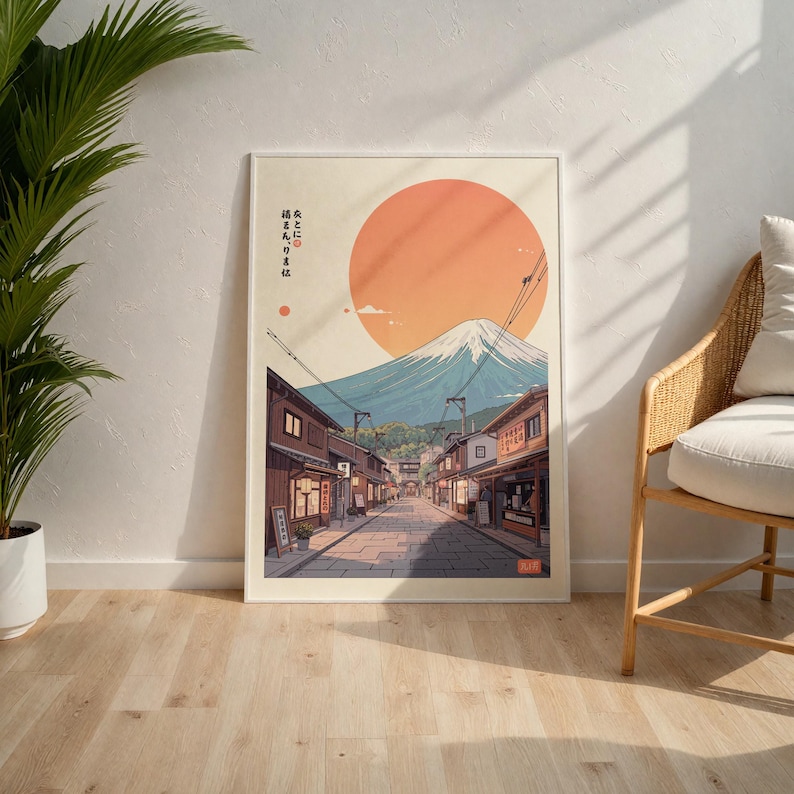 Pode incluir: Uma ilustra&ccedil;&atilde;o digital de uma cena de rua japonesa com o Monte Fuji ao fundo. O c&eacute;u &eacute; laranja e o sol est&aacute; se pondo. O texto na imagem diz "自然とともに生きる は  自然と生きる は"