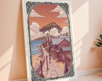 Japanisches Küstendorf Kunstdruck Lofi Anime Meerszene (Digital Download)