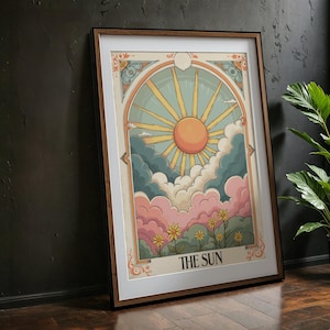 Vintage zon tarot digitale download | Retro boho zon en bloemsierkunst print, astrologie muurkunst voor interieur, hemelse poster cadeau