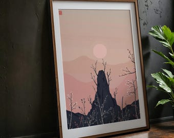 Impresión artística minimalista de montaña japonesa - Ilustración de paisaje zen - Descarga digital