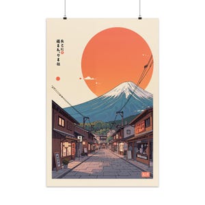 Pode incluir: Uma ilustra&ccedil;&atilde;o digital de uma cena de rua japonesa com o Monte Fuji ao fundo. O sol se p&otilde;e atr&aacute;s da montanha, lan&ccedil;ando um brilho laranja quente sobre a cena. A rua &eacute; ladeada por edif&iacute;cios tradicionais japoneses, e h&aacute; pessoas caminhando pela rua. O texto "友と  共に  生きる" est&aacute; escrito em japon&ecirc;s no lado esquerdo da imagem.