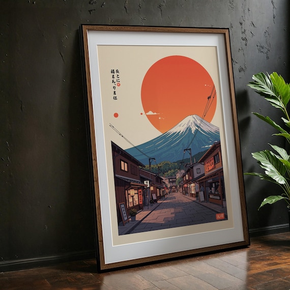 Japanese Street Scene Print: Mount Fuji Art, Red Sun (Digital Download)