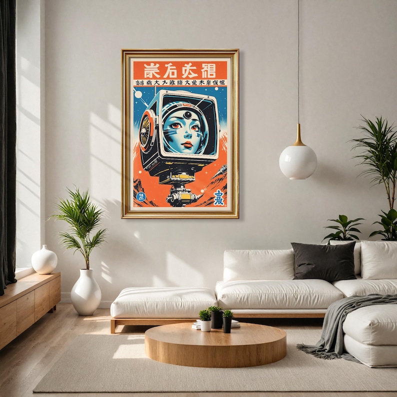 May include: Framed vintage-style poster featuring a retro-futuristic image of a woman's face inside a television screen. The artwork has a gold frame and includes Japanese text at the top. The color palette includes orange, blue, and white.