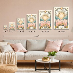 May include: A set of six prints featuring a sun with a face and clouds in a retro style. The prints are available in six different sizes, ranging from 5x7 inches to 24x36 inches. The prints are all titled "The Sun".