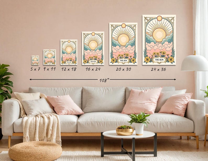 May include: A set of six prints featuring a sun with a face and clouds in a retro style. The prints are available in six different sizes, ranging from 5x7 inches to 24x36 inches. The prints are all titled "The Sun".