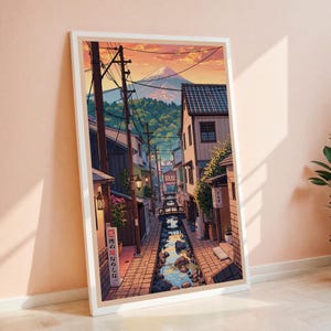 Japanisches Dorf Kanal Kunst | Mount Fuji Sonnenuntergang Szene, Serene Bridges und Traditionelle Architektur Poster, Digital Download