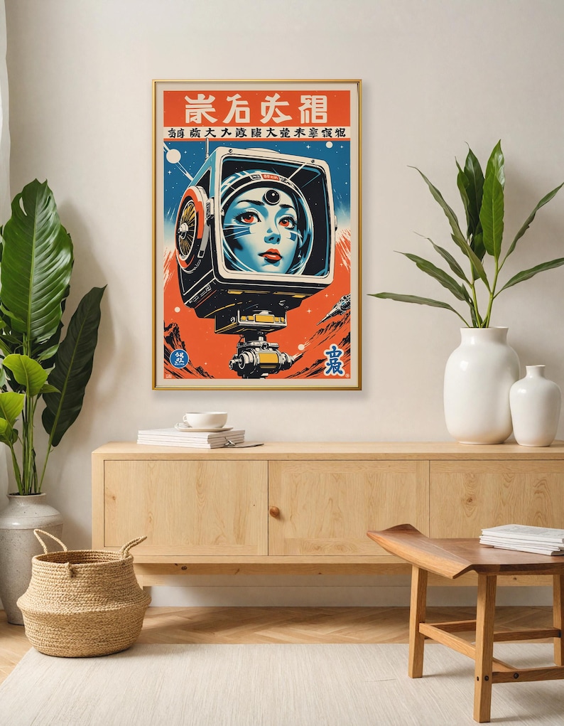 May include: A framed vintage-style poster with a retro sci-fi theme. The artwork features a woman's face inside a futuristic helmet, set against a red and blue background with Japanese text. The poster is displayed on a wooden cabinet.