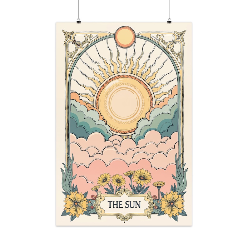 May include: A vintage-style tarot card illustration of the Sun card. The card features a large sun with rays emanating from it, surrounded by clouds in shades of blue, green, and pink. The sun is set against a yellow background, and the card is framed with a decorative border. The text "THE SUN" is written in a gold font at the bottom of the card.
