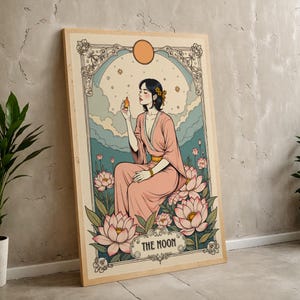 Elegante Moon Tarot Digital Download / Stampa artistica boho vintage di donna e fiori di loto, arte murale celeste per l'arredamento della casa, regalo di astrologia