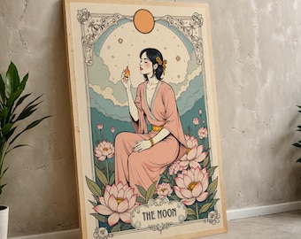 Download digital de Tarot da Lua Elegante | Impressão de arte Boho vintage de mulher e flores de lótus, arte de parede celestial para decoração de casa, presente de astrologia