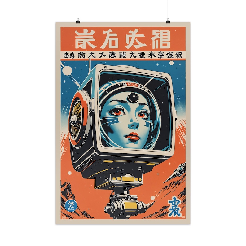 May include: A vintage-style poster featuring a woman in a space helmet, with a retro-futuristic aesthetic. The poster has a color palette of orange, blue, and black. The image includes Japanese text at the top and bottom.