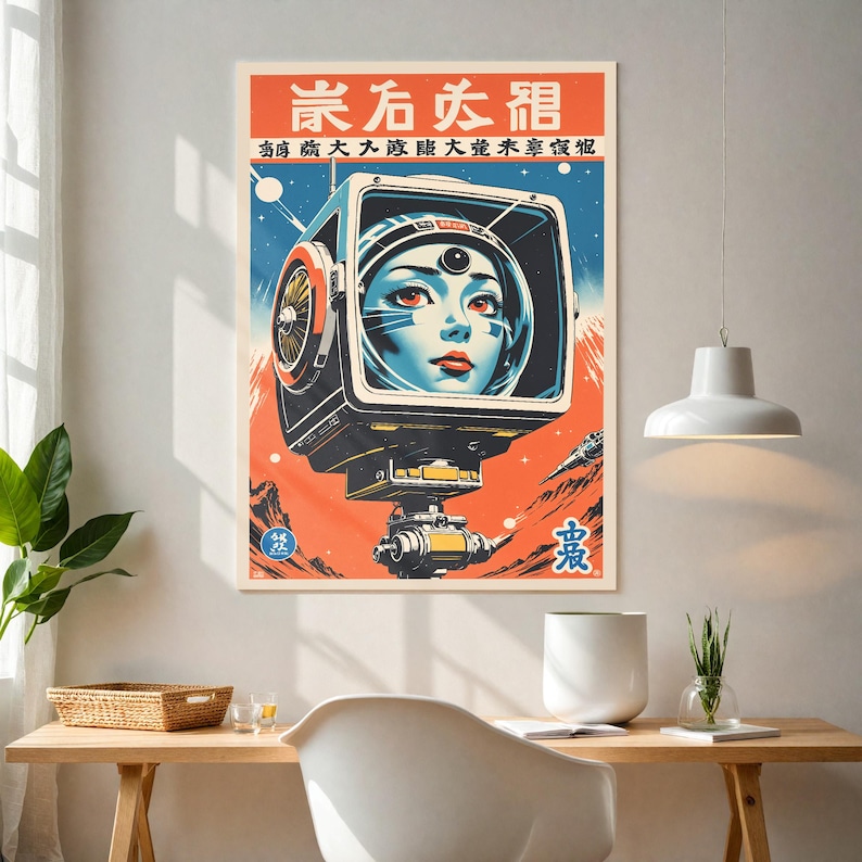 May include: A vintage-style poster featuring a futuristic woman in a square helmet with red eyes and blue skin. The poster has Japanese text at the top and is set against a red and blue space-themed background.