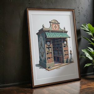 Vintage Library Art Print - Cozy Bookstore Illustration - Digital Download