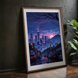 Cyberpunk City Nightscape Art Print - Futuristic Neon Illustration - Digital Download