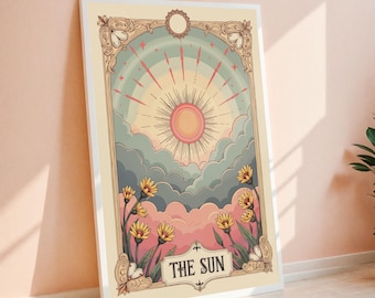 Vintage Sun Tarot Art Digital Download | Retro Floral Boho Sun Poster, Tarot Wall Art for Home Decor, Astrology-Inspired Sunflower Print