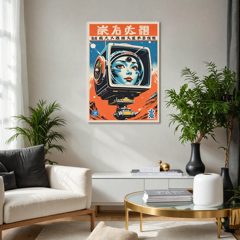 May include: A vintage-style poster featuring a woman's face inside a retro-futuristic helmet. The artwork uses a vibrant color palette of orange, blue, and white, with Japanese text at the top. The poster has a science fiction theme.