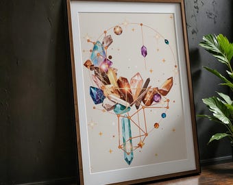 Celestial Crystal Cluster Wall Art - Mystical Boho Gemstone Decor - Digital Download