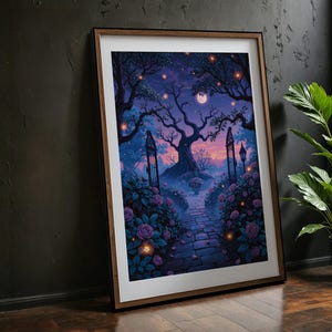 Enchanted Twilight Garden Art Print | Mystical Floral Fantasy Scene, Magical Rose Pathway Decor, Digital Download