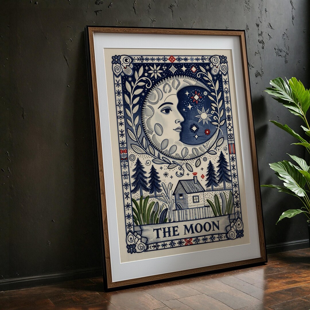 Folk Moon Tarot Art Print | Embroidered Night Scene (digital Download ...