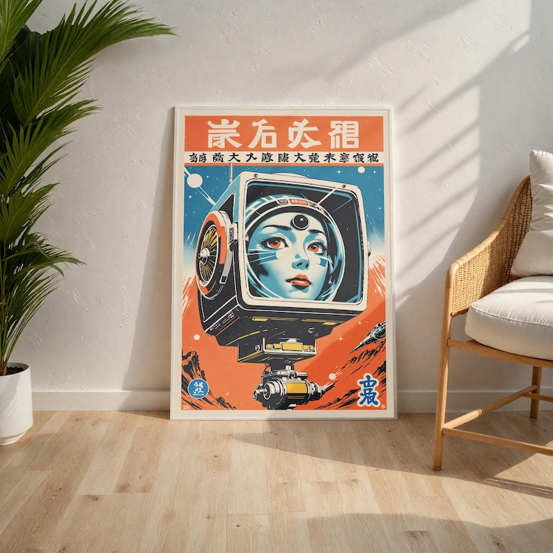 May include: A framed vintage-style poster featuring a futuristic woman's face inside a retro-style television screen. The artwork has a color palette of orange, blue, and white, with Japanese text at the top and bottom. The poster is displayed on a white wall.