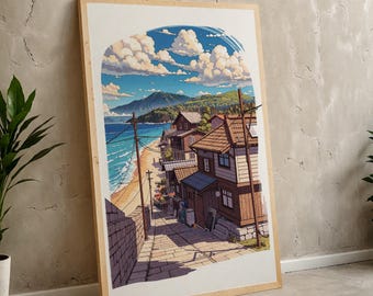 Japanisches Küstendorf Kunstdruck Lofi Anime Strandszene (Digital Download)