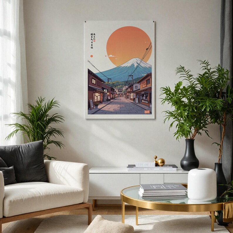 Pode incluir: Uma ilustra&ccedil;&atilde;o digital de uma cena de rua japonesa com um sol vermelho e o Monte Fuji ao fundo. A rua &eacute; ladeada por edif&iacute;cios e lanternas japonesas tradicionais. O texto na imagem diz "峰不二", que se traduz como "Monte Fuji".