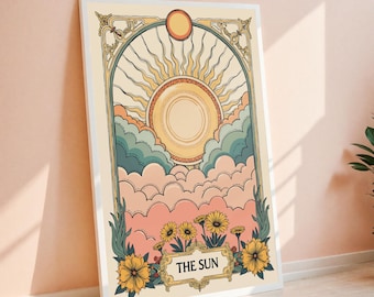 Vintage Sun Tarot Art Print | Retro Floral Wall Decor, Boho Sun and Flower Poster, Tarot-Inspired Home Decor Gift, Digital Download