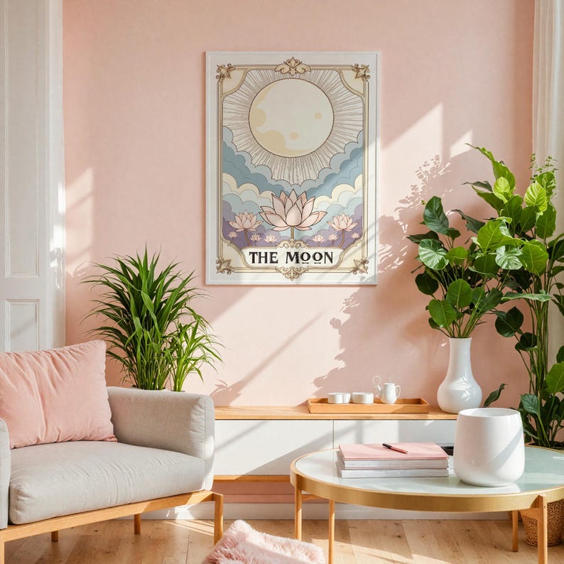 May include: A pink wall with a tarot card print featuring a moon and lotus flowers. The print is framed in a gold frame and has the text "THE MOON" at the bottom. The print is hanging above a light wood shelf with a vase and a plant on it.
