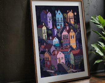 Arte murale colorata del villaggio notturno - Stampa di una città europea stravagante - Download digitale