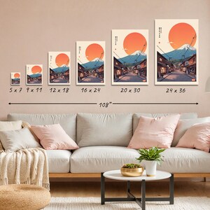 Pode incluir: Um conjunto de 10 impress&otilde;es de diferentes tamanhos de uma paisagem urbana japonesa com o Monte Fuji ao fundo. As impress&otilde;es est&atilde;o dispostas em uma fila da menor para a maior, sendo a impress&atilde;o maior de 61 cm por 91 cm. As impress&otilde;es s&atilde;o todas em um estilo minimalista com uma paleta de cores suaves.