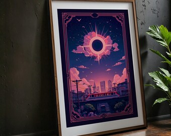 Retro Eclipse Cityscape Art Print: Lofi Anime Japan Decor (Digital Download)