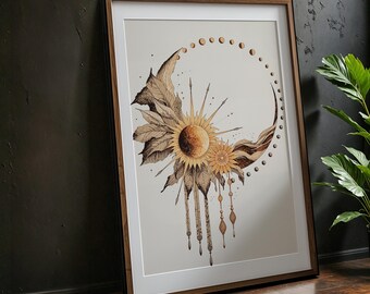 Impressão artística de fases do sol e da lua em estilo boho: decoração botânica celestial (download digital)