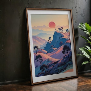 Impresión artística de puesta de sol en la montaña / Póster de paisaje pastel, ilustración de naturaleza serena, arte mural escénico único, descarga digital