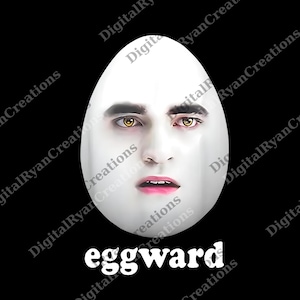 Puede incluir: Imagen de arte digital de un huevo blanco con rostro humano, cejas oscuras, ojos amarillos y labios rosados. La palabra "eggward" está escrita en blanco en la parte inferior sobre un fondo negro.