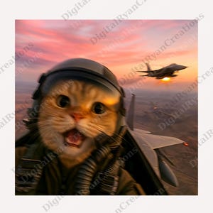 Peut inclure: Impression d'art numérique représentant un chat portant un casque et une combinaison de pilote, prenant un selfie dans un avion de chasse. L'arrière-plan montre un coucher de soleil et un autre avion en vol.