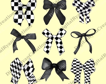 Kokette karierte schwarze Schleife Png, Geschenk für sie, Png für Frauen, schwarze Bögen digitale Datei, Vintage Kokette Ästhetik, niedliche Schleife png