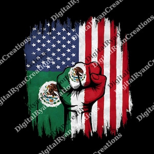 Op de afbeelding: Een grafisch ontwerp met een gebalde vuist in de kleuren van de Mexicaanse vlag, over de Amerikaanse en Mexicaanse vlaggen. De achtergrond is zwart en het ontwerp heeft een verweerde, getextureerde uitstraling.