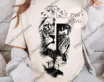 May include: Cream-colored t-shirt featuring a black and white graphic. The design is split vertically, showing a lion's face on the left and a praying figure on the right, with a cross overlaying the image. Below are three crosses.