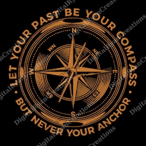Peut inclure: Un motif circulaire avec une rose des vents en nuances de marron et d'or sur fond noir. Le texte indique : « LAISSEZ VOTRE PASSÉ ÊTRE VOTRE BOUSSOLE, MAIS JAMAIS VOTRE ANCRE ».